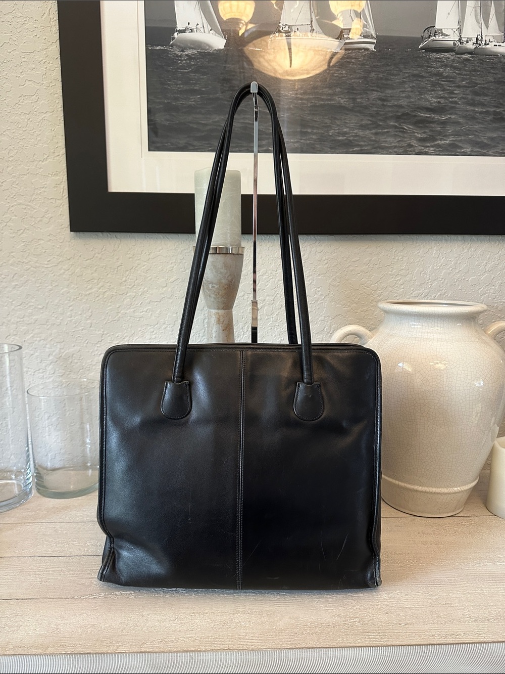 Vintage Coach Black Leather Square Tote with Long Shoulder Straps